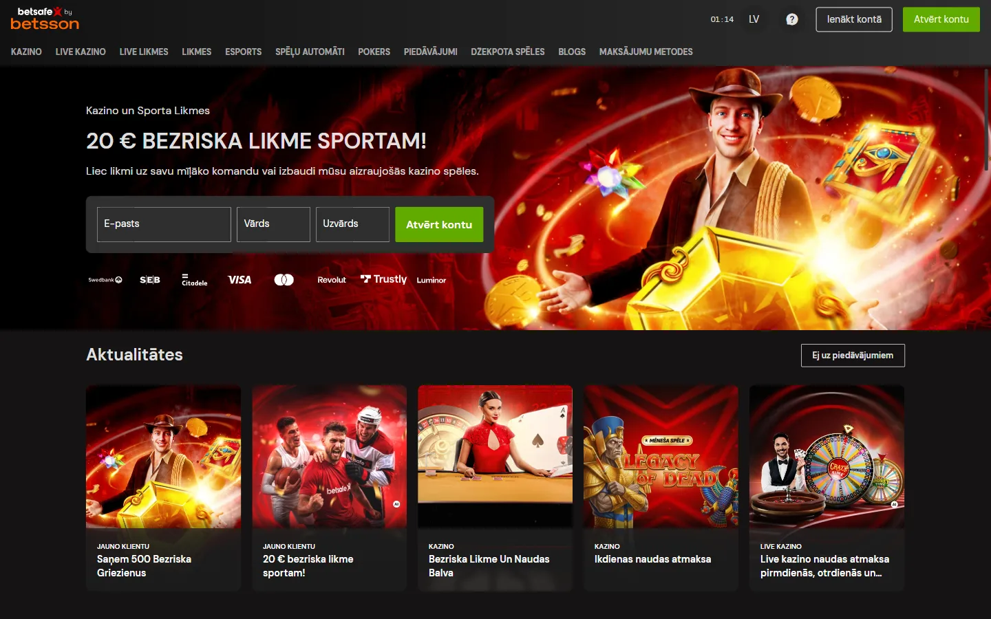 Главная страница betsafe.lv: логотип, меню, рекламный баннер с формой регистрации и блок новостей