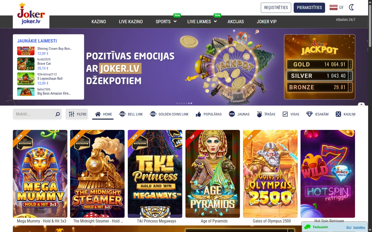 Главная страница joker.lv: рекламный баннер, меню игр с джекпотами и список игр