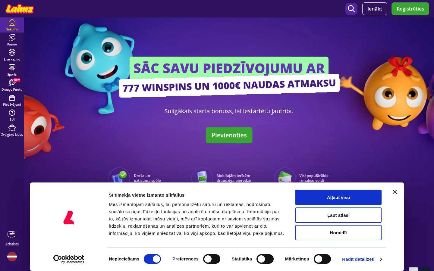 laimz.lv sākumlapa: logotips, izvēlne, reklāmas baneris ar tēliem un sīkdatņu paziņojums