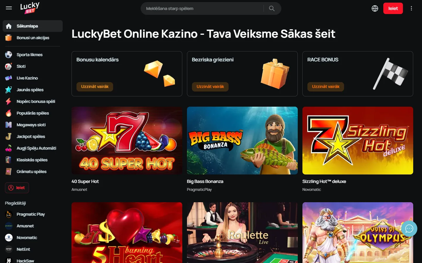 luckybet.lv sākumlapa: logotips, sānu izvēlne ar sporta, slotu un live kazino sadaļām, akciju kartītes un spēļu rindas