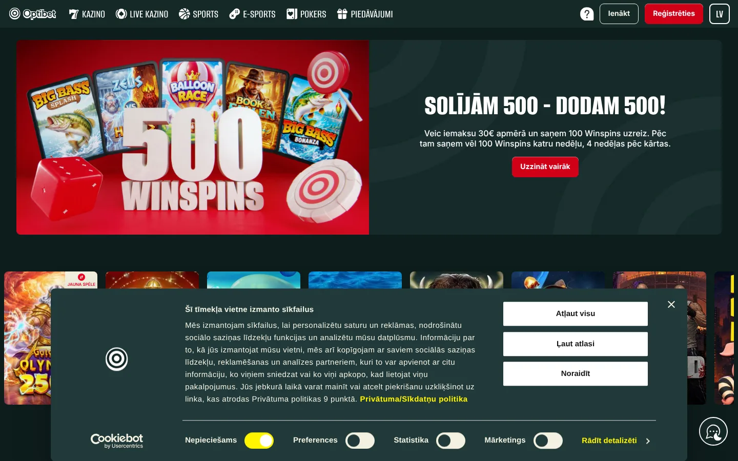 optibet.lv sākumlapa: logotips, izvēlne, reklāmas baneris ar spēlēm un sīkdatņu paziņojums