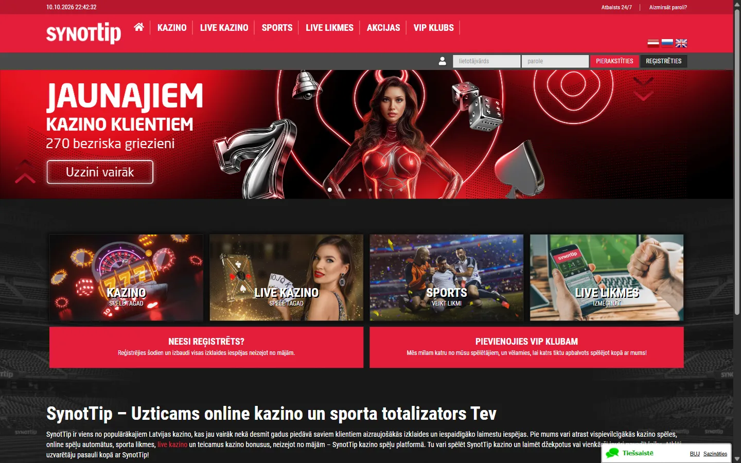 synottip.lv sākumlapa: reklāmas baneris un sadaļas kazino, live kazino un sports